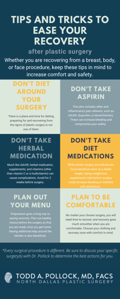 Infographic showing tips on how to properly recovery after tummy tuck surgery